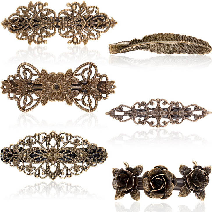 Willbond 6 Pcs Vintage French Hair Barrettes Metal Floral Feather Clips