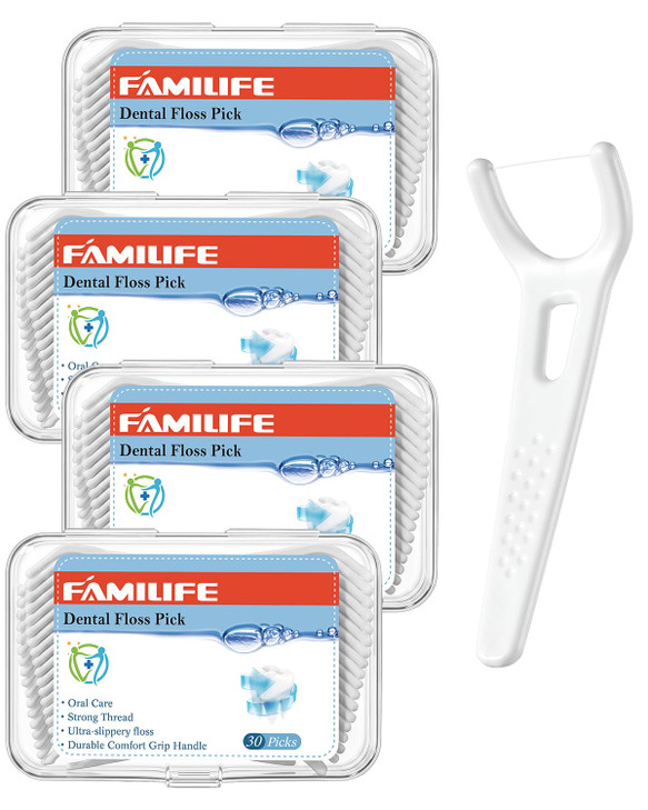 Familife Floss Picks 120 Count Back Teeth Flossers Unwaxed 4 Travel Cases
