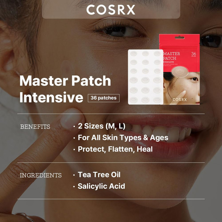 COSRX Master Patch Intensive 36 Patches | Oval-Shaped Hydrocolloid Pimple Patch with Tea Tree Oil | Quick & Easy Blemish, Zit, Spot Treatment | Salic