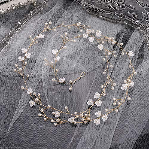 Anglacesmade Bridal Hair Vine 39 Pearl Headband Extro Long Flower Hair Piece For Bride Bridesmaid Prom Party Festival Hair Jewelry For Women