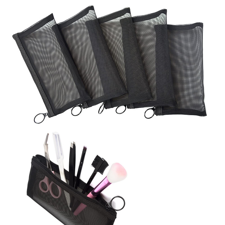 Patu Zipper Mesh Bags Long Case 5 Pieces Beauty Makeup Cosmetic Accessories Organizer Travel Toiletry Kit Set Storage Pouch Black