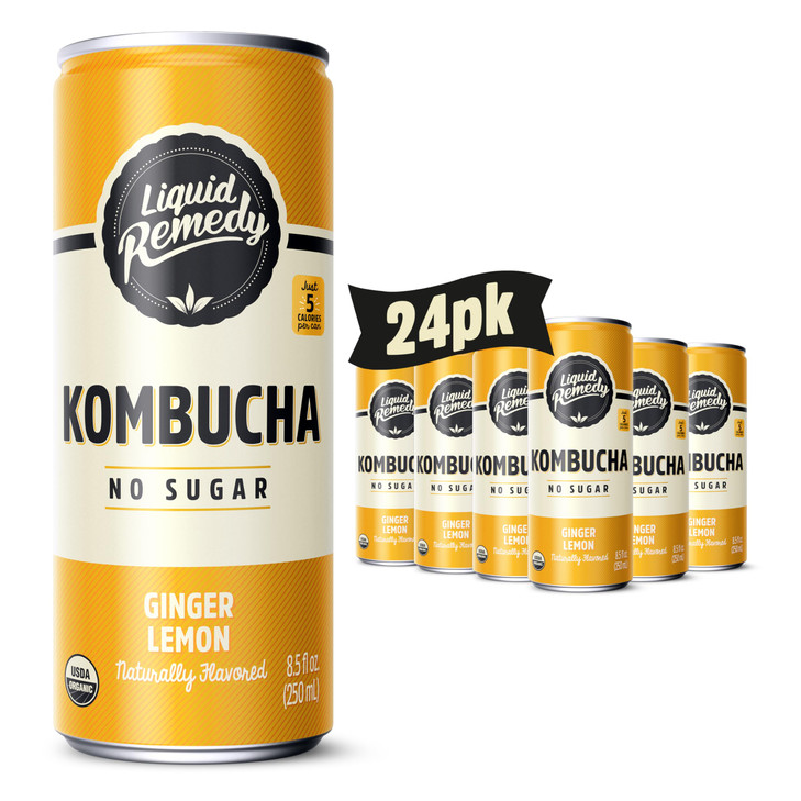 Liquid Remedy Kombucha Sugar Free Organic Drink Low Calorie Probiotic Like Tea For Gut Health Ginger Lemon 8.5 Fl Oz Can 24 Pack