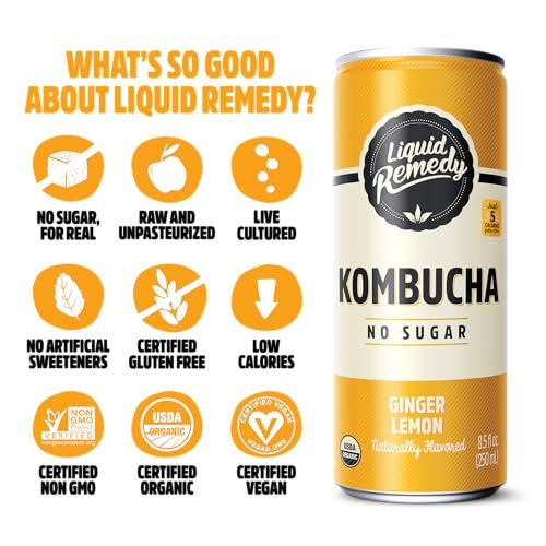 Liquid Remedy Kombucha Sugar Free Organic Drink Low Calorie Probiotic Like Tea For Gut Health Ginger Lemon 8.5 Fl Oz Can 24 Pack