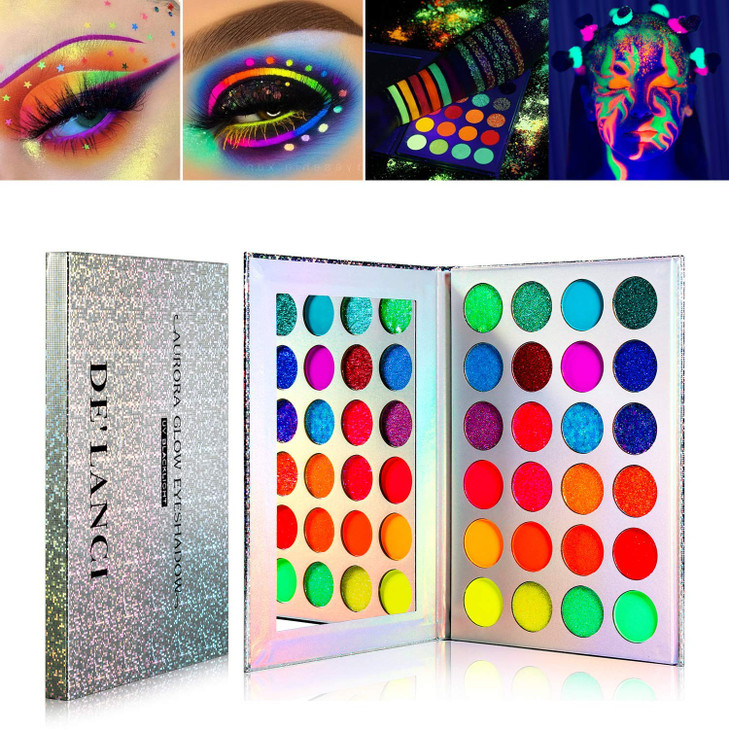 De Lanci Neon Eyeshadow Palette Glow In The Dark Aurora Glow Eyeshadow Pallets Stage Halloween Christmas Makeup Kit Uv Blacklight Matte And