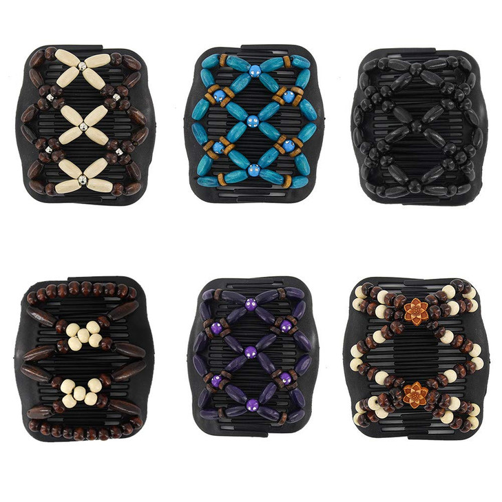 Yeshan Magic Hair Side Combs For Women Wood Beaded Stretch Double Clips Bun Maker Hair Accessories Pack Of 6