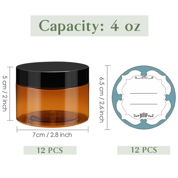Qeirudu 4 oz Amber Plastic Jars with Lids and Labels, 12 Pack Empty Brown Body Butter Containers for Cosmetic, Body Scrub, Creams and Lotion