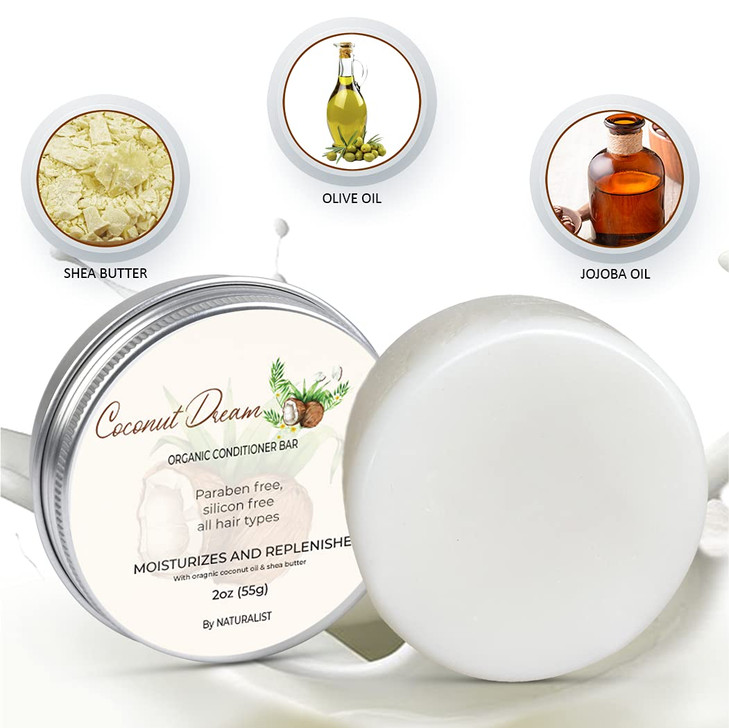 Solid Conditioner Bar, Organic, Plant Based, SLS Free, Vegan, All Hair Types | pH Balanced, Plastic Free | Eco Friendly, Safe For Travel (Coconut Dre