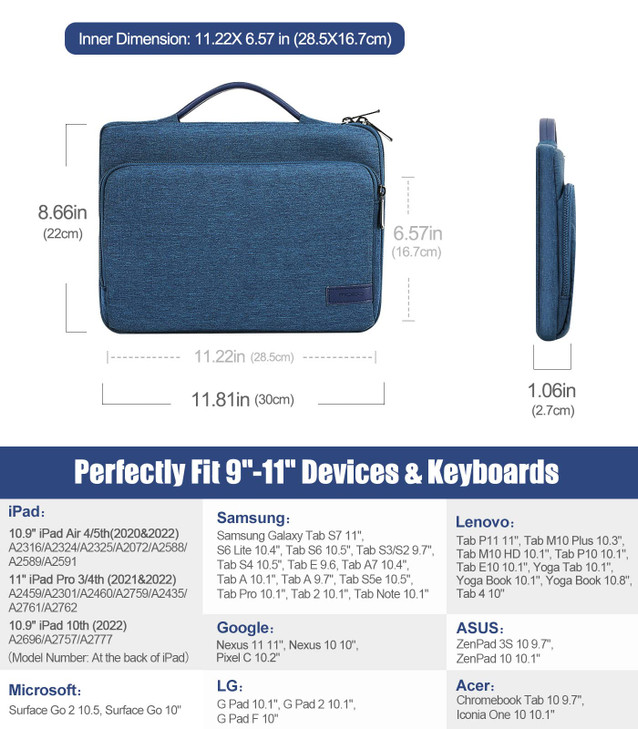 MoKo 9-11 Inch Tablet Sleeve Bag Carrying Case with Retractable Handle Fits New 11-inch iPad Pro M4/iPad Air M2 2024, iPad Air 5/4th 10.9, iPad 10th
