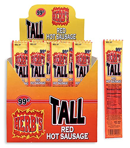 Herb S Tall Red Hot Sausage 1 Box 24 Count 1.5 Oz Herbs Pickled