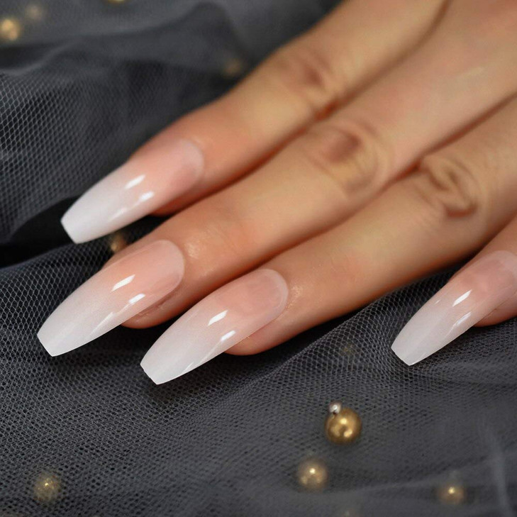 Coolnail Ombre Gradient Pink Nude White French Ballerina Press On False Nails Extra Long Natural Coffin Uv Gel Glue On Fake Fingers Nails