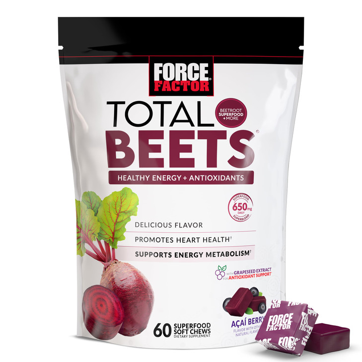 Force Factor Total Beets Soft Chews with Beetroot, Nitrates, L-Citrulline, Grapeseed Extract, and Antioxidants, Healthy Energy Supplement with Elite