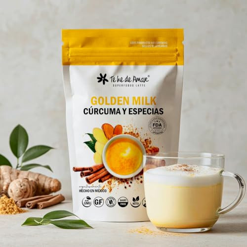 Golden Milk Tea Te He De Amar Leche Dorada Turmeric And Spices. Net Wt 5.3 Oz 150G 150 Cups. Turmeric Ginger Cinnamon Pepper Clove Nutmeg.