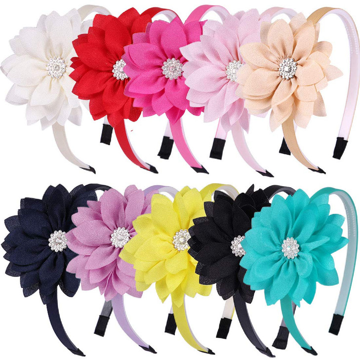 Wanyu 10 Pcs Flower Bow Headbands For Girls Toddler Headbands Chiffon Floral Kids Hair Bands Sparkle Cute 3.5 Inch Bow Headpiece Diademas