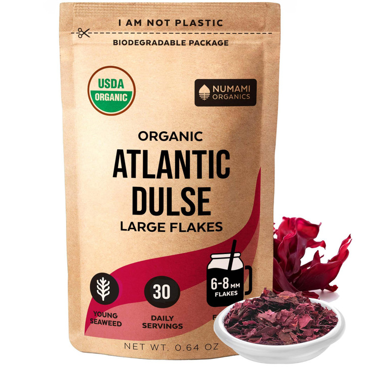 Organic Atlantic Dulse Flakes Young Baby Seaweed Grown In North Atlantic Vacuum Dried Premium Quality. Soft Texture And Mild Taste.
