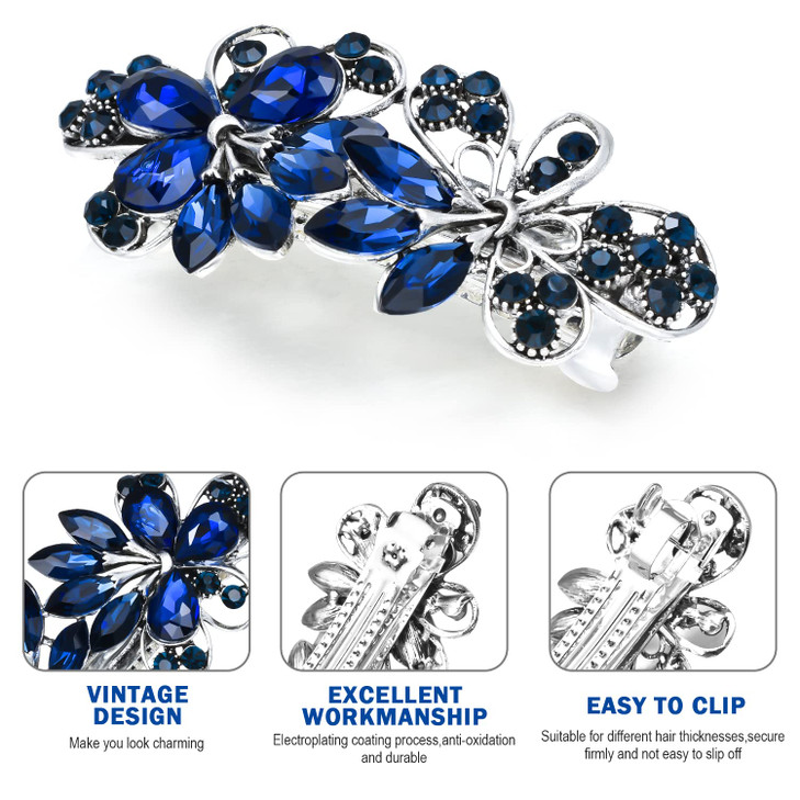 Vintage Sparkly Hair Barrettes, Decorative Hair Clips French Navy Blue Rhinestone Barrettes, Crystal Flower Hair Pins Hair Accessories for Women Girl