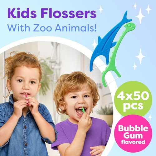 Kids Flossers 4 Pack 200 Count Fun Animal Shaped Floss Picks For Kids Bubble Gum Flavor Easy Glide Between Teeth Helps Prevent Tooth Decay