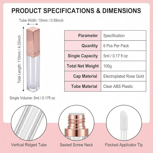 6Pcs 5Ml 0.17Oz Empty Lip Gloss Tubes Containers With Brush Applicator And Rose Gold Lid Lip Balm Bottle Pipe Containers For Diy Lipstick