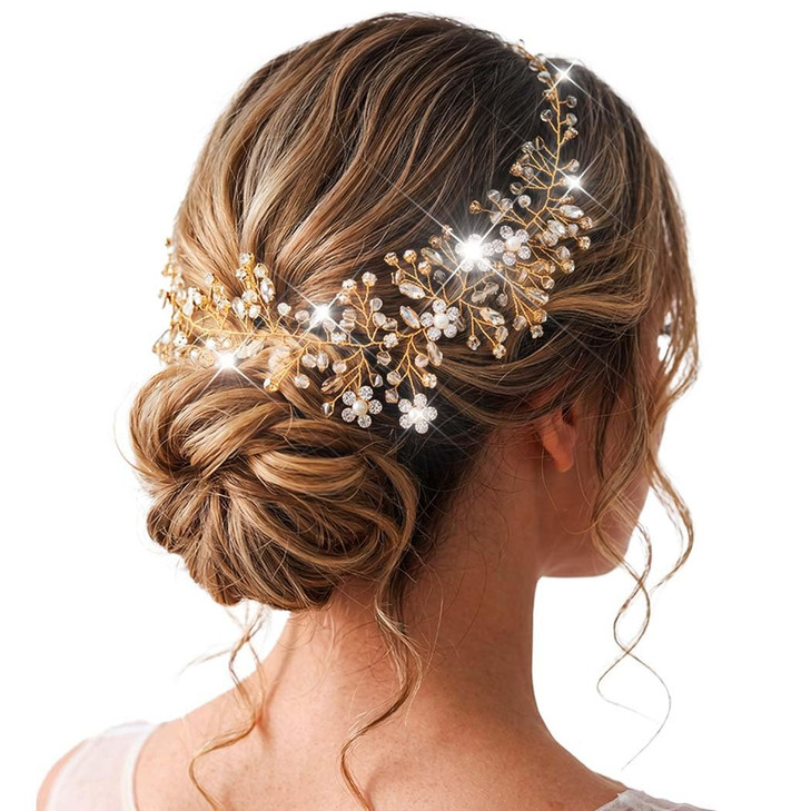 Catery Rhinestone Headpiece Gold Bride Wedding Hair Vine Headband Wedding Hair Accessories For Brides And Women