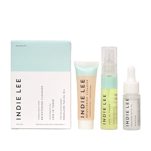 Indie Lee Discovery Kit Brightening Cleanser Coq 10 Toner Plus Squalane Facial Oil Skincare Regimen For Adults 3 Piece Travel Size Set