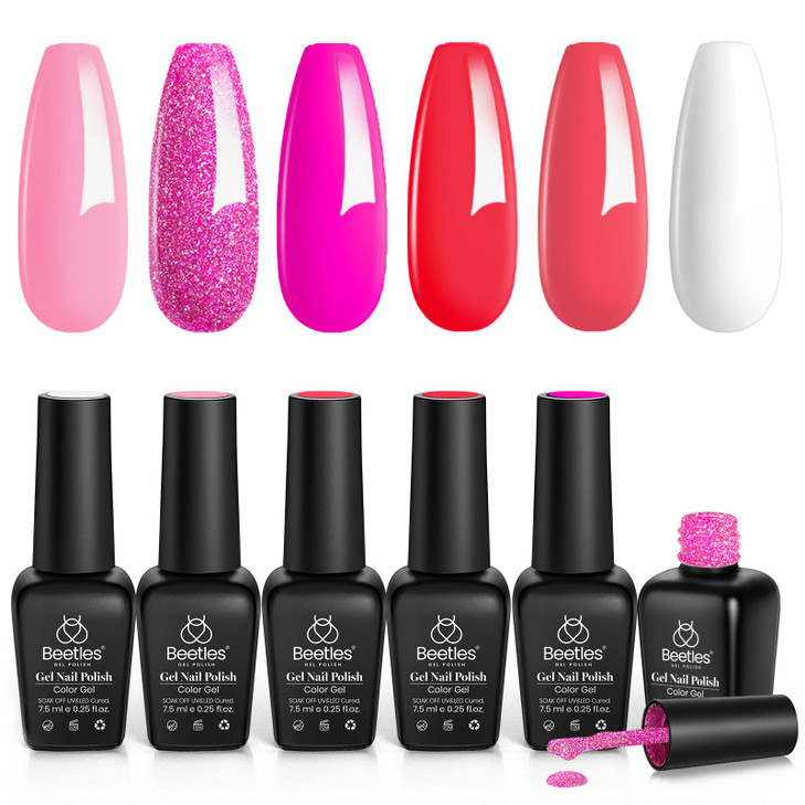 Beetles Hot Pink Gel Nail Polish Set Rose Red Glitter Gel Polish
