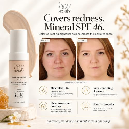 Hey Honey Trick And Treat Moisturizing Cc Cream Spf 46 Mineral Sunscreen Color Correcting Foundation For Redness Rosacea And Mature Skin