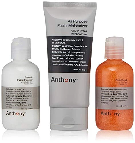 Anthony Face It And Go Kit Set Includes Glycolic Facial Cleanser 3.4 Fl Oz. All Purpose Facial Moisturizer 3 Fl Oz. Facial Scrub 3.4 Fl Oz