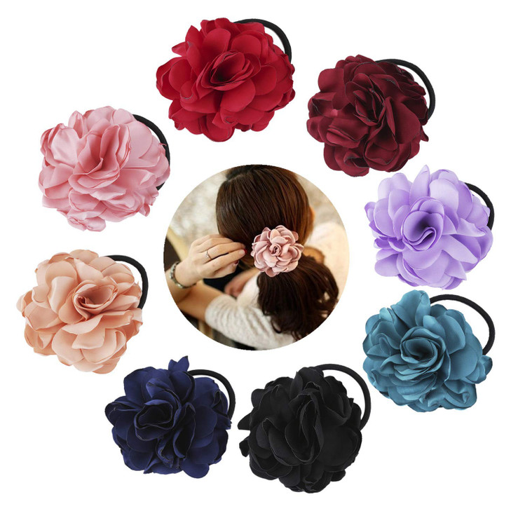Lawie 8 Pack Colorful Handmade Camellia Flower Hair Ties Floral Hair Bows Elastics Rubber Bands Fancy Hair Flowers Ribbons Headband Ring