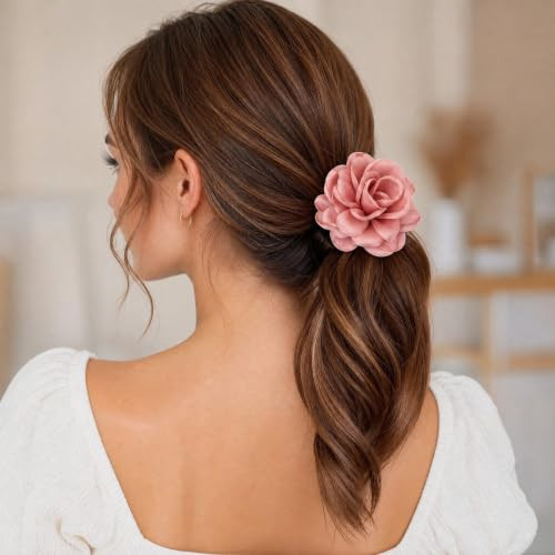 Lawie 8 Pack Colorful Handmade Camellia Flower Hair Ties Floral Hair Bows Elastics Rubber Bands Fancy Hair Flowers Ribbons Headband Ring
