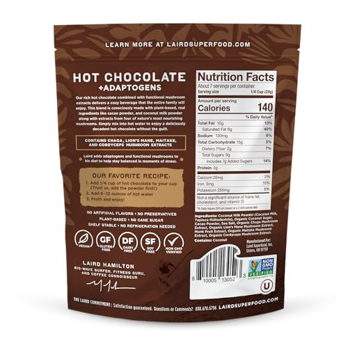 Laird Superfood Functional Mushrooms Hot Chocolate Organic Cacao Powder Blended With Nourishing Mushrooms 8 Oz. Bag Pack Of 1