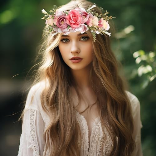Llinfflr Women Floral Crown Boho Flower Headband Halo Headpiece Rosy Prom