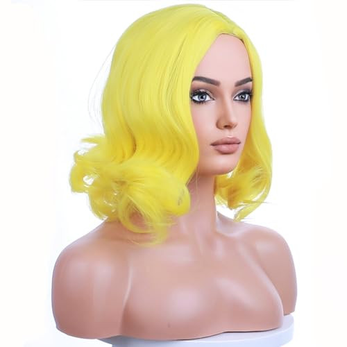 Beron Yellow Wig For Women Girls Short Curly Wavy Bob Wig Yellow Colored Heat Resistant Synthetic Hair Wigs For Costume Cosplay Wigs