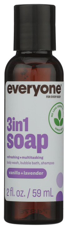 Everyone 3 In 1 Soap Body Wash Bubble Bath Shampoo Travel Size 2 Ounce Pack Of 1 Vanilla And Lavender Made With Essential Oils For Men And
