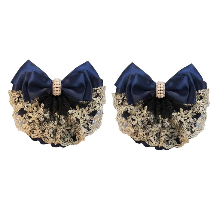 2Pcs Professional Hair Bun Cover Net Snood Hairnet Bowknot With Fan Shaped Lace Pearl Crystal Decoration Barrette Hair Clip Hair Accessories