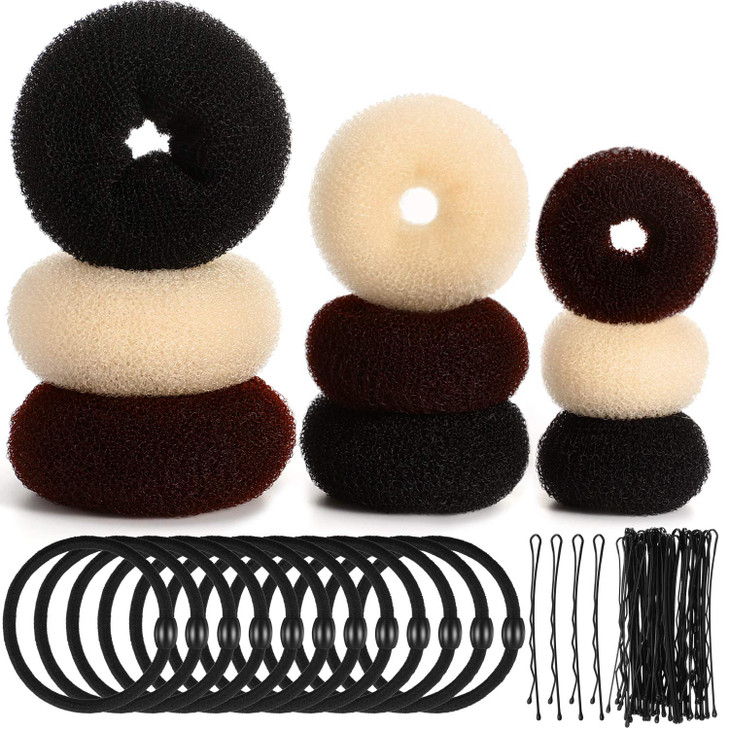 Willbond 9 Pieces Donut Hair Bun Maker Shaper Foam Sponge Doughnut Bun Ring Style Set With 12 Pieces Hair Elastic Bands Ties And 32 Pieces