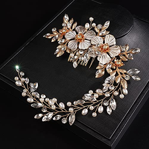 JWICOS Gold Wedding Headband Pearl Flower Bridal Hair Comb for Wedding Crystal Hair Accessories for Women Girls Wedding Hair Vine for Brides and Brid