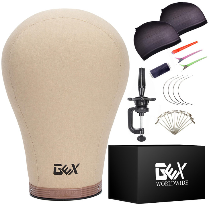 Gexworldwide Gex 23 Canvas Cork Wig Block Mannequin Head For Wig Making Drying Styling Display With Table C Clamp Stand Holder Light Brown