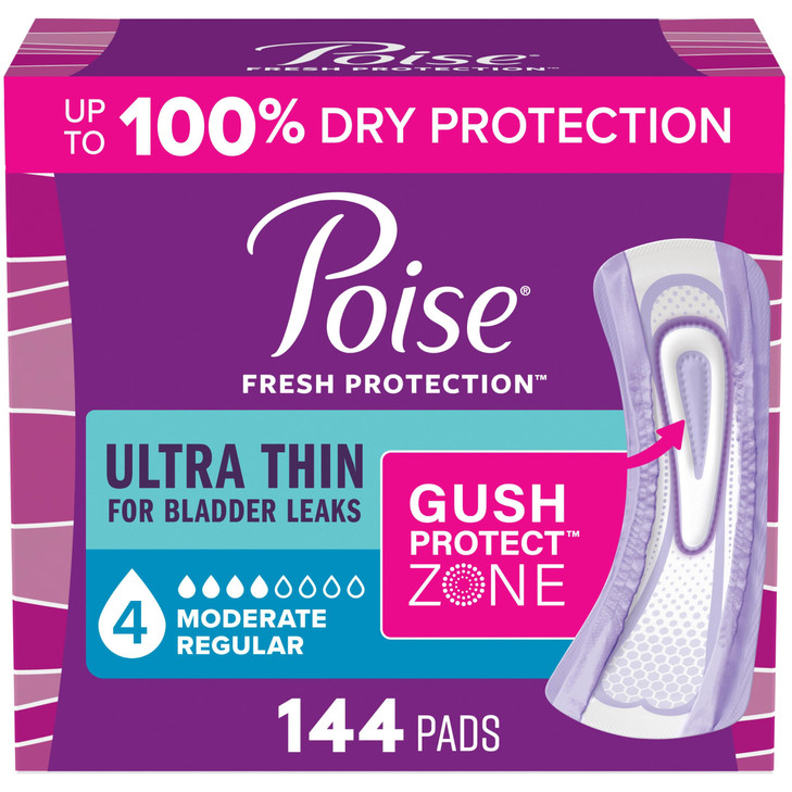 Poise Ultra Thin Incontinence Pads And Postpartum Pads For Bladder Leaks 4 Drop Moderate Absorbency Regular Length 144 Count Packaging May
