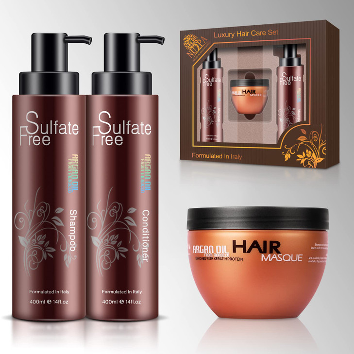Nuspa Moroccan Argan Oil Hair Care Set Sulfate Free For Damaged Dry Frizzy Color Safe Keratin Treated Hair With Long Lasting Shine