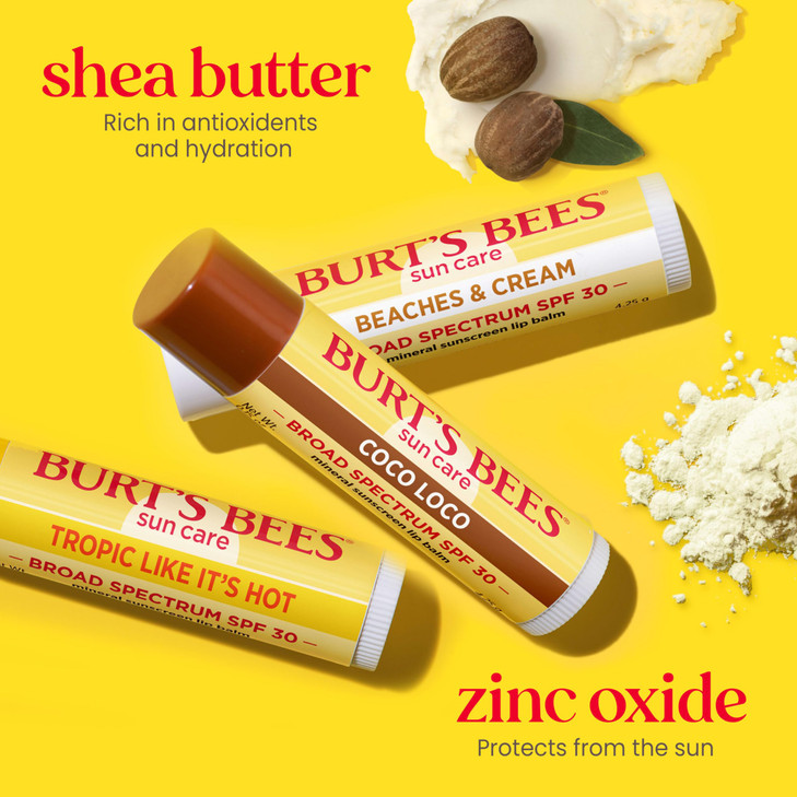 Burts Bees SPF 30 Lip Balm, Island Getaway - Coco Loco, Beaches & Cream, Tropic Like It's Hot, Water-Resistant Sun Care, Natural Origin Lip Treatmen