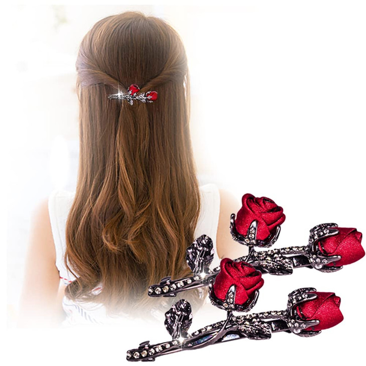 Vintage Crystal Rose Hair Clips Elegant Rhinestones Rose Flower Metal Hair Clips Hair Barrette Ponytail Holder Slide Clips Hair Jewelry For