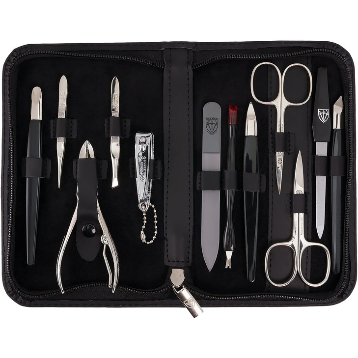 3 Swords Germany Brand Quality 12 Piece Manicure Pedicure Grooming Kit Set For Professional Finger And Toe Nail Care With Black Genuine