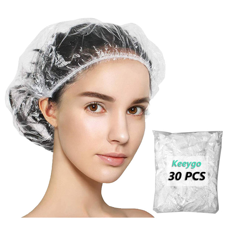 Keeygo Disposable Shower Caps 30 Pcs Bath Caps Clear Waterproof Plastic Wraps For Women Hotel Travel Essentials Accessories Hair Caps 17.3