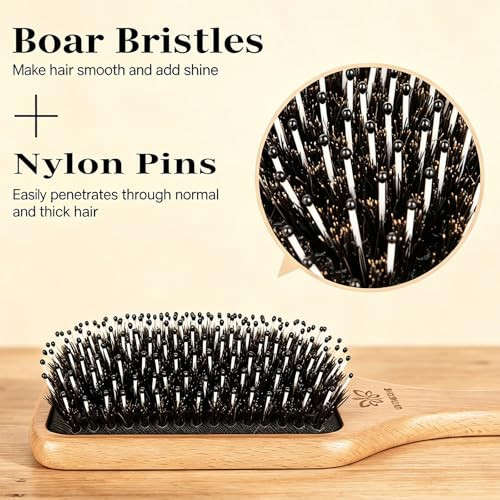 Boar Bristle Hair Brush And Comb Set For Women Men Kids Best Natural Wooden Paddle Hairbrush And Small Travel Styling Brush For Wet Or Dry