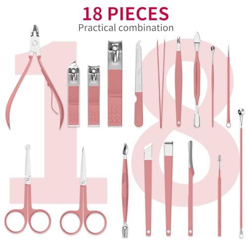 Zizzon Manicure Set 18 In 1 Professional Pedicure Set Nail Scissors Grooming Kit With Leather Travel Case Pink