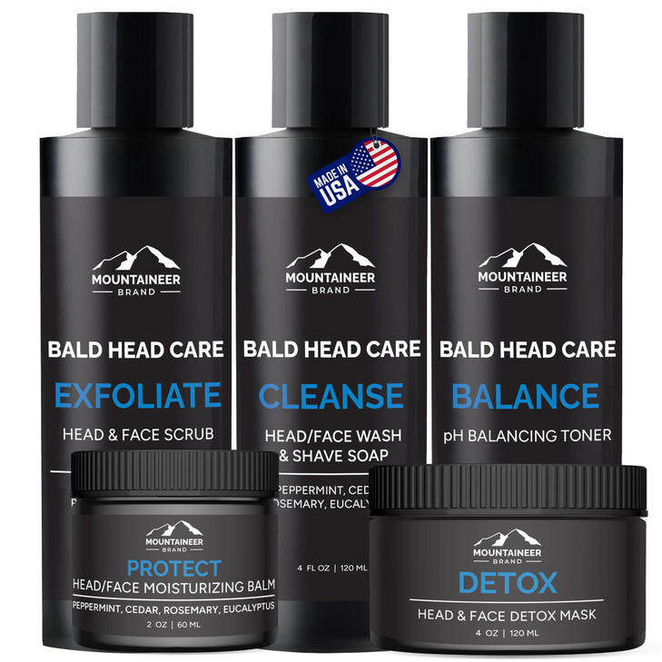 Mountaineer Brand Ultimate Bald Head Care Gifts Bundle For Men All Natural 5 Step Skin Care For Healthy Scalp And Face Exfoliate Scrub