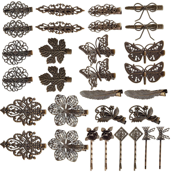 Insowni 30 Pack 15 Pairs Small Cute Decorative Bronze Metal Vintage Alligator Hair Clips Retro Barrettes Bobby Pins Leaf Flower Butterfly
