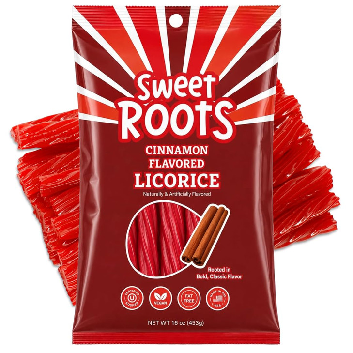 Sweet Roots Cinnamon Licorice Twists 1 Bag 16 Oz Jumbo Size Licorice Sticks Vegan Fat Free Kosher Soft Gourmet Licorice Candy With Cinnamon