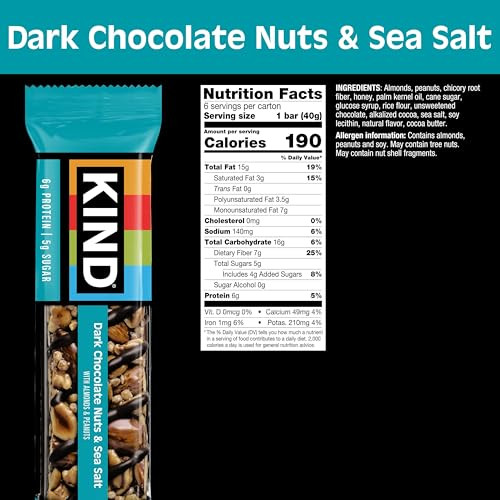 Kind Healthy Snacks Bars Dark Chocolate Nuts And Sea Salt Gluten Free Low Sugar High Fiber Snacks 6G Protein 6 Count