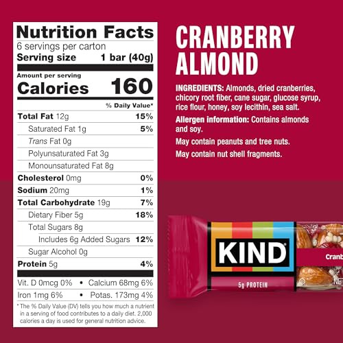 Kind Healthy Snacks Bars Cranberry Almond Gluten Free High Fiber Snacks 5G Protein 6 Count