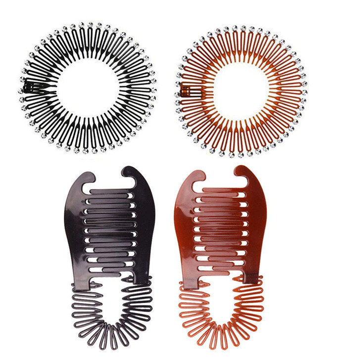 2Pcs Plastic Flexible Interlocking Banana Clip And 2Pcs Rhinestone Circular Zig Zag Head Tooth Hair Hoop Hairband For Women Hair Accessories